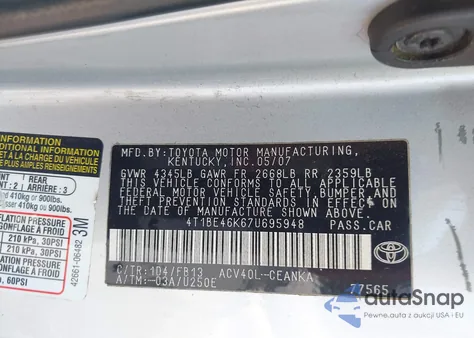 2007 Toyota Camry Le from USA, damaged, VIN 4T1BE46K67U695948